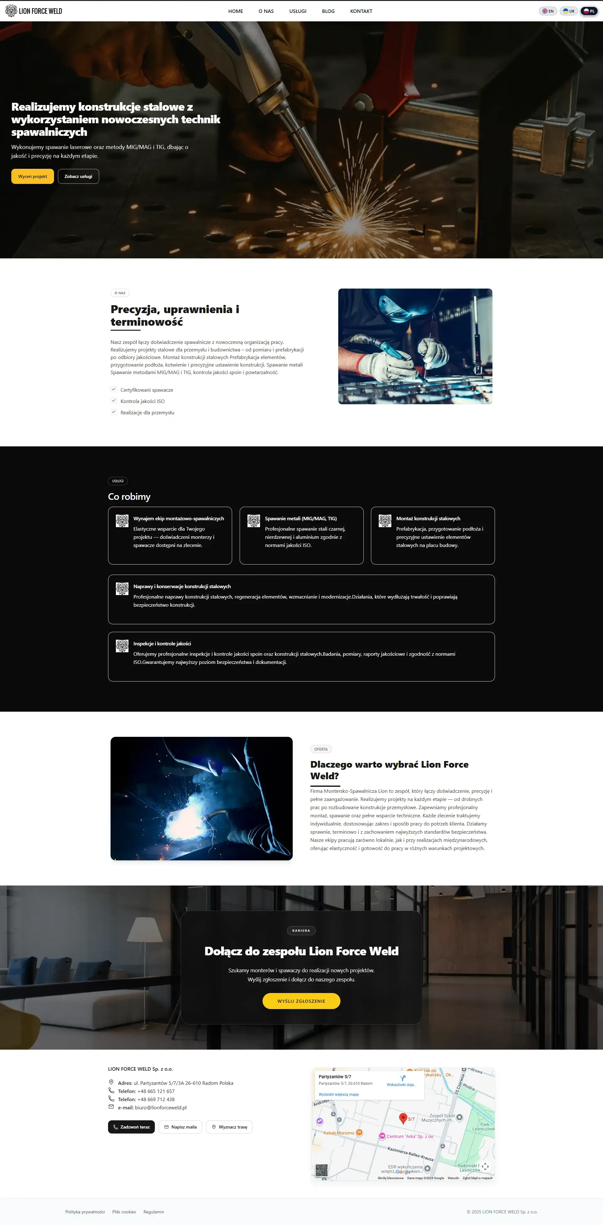 Lion Force Weld — strona firmowa — długi zrzut strony (przewijany w ramce)